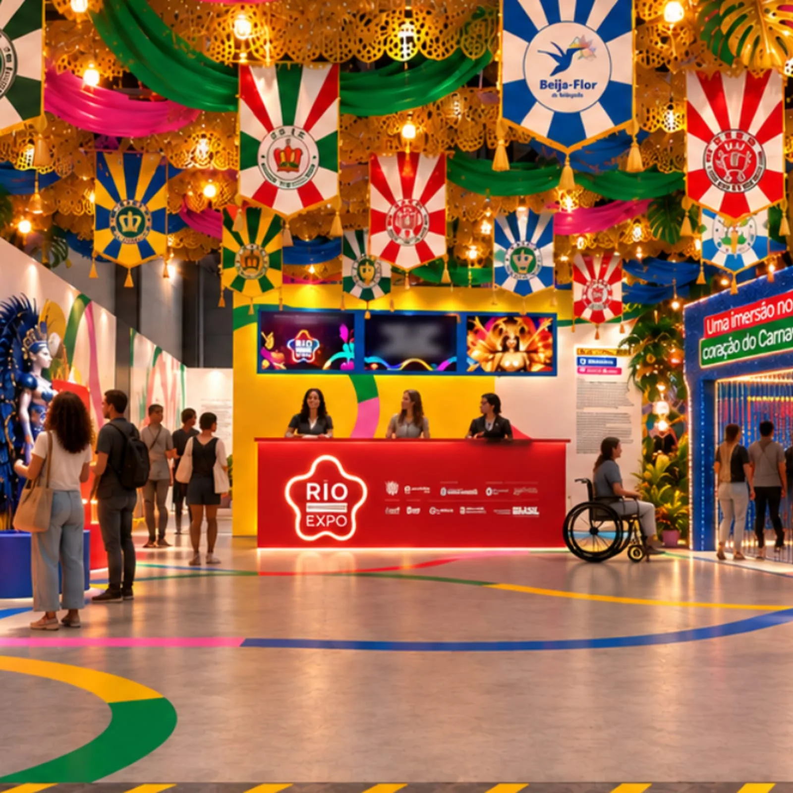 Recepção da Rio Carnaval Expo, com a bilheteria, bandeiras das escolas de samba e visitantes chegando.